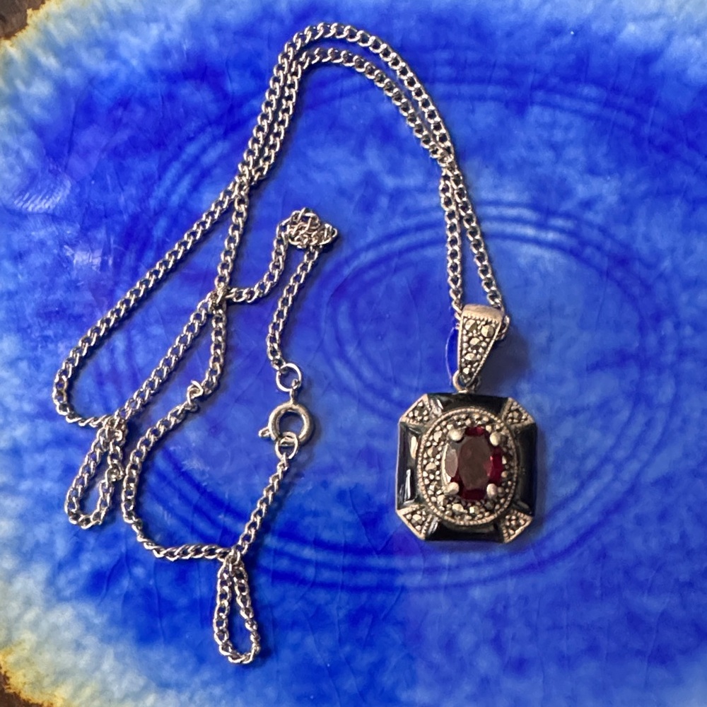 Vintage Silver and Red Garnet Gemstone,black onyx and Marcasite pendant.